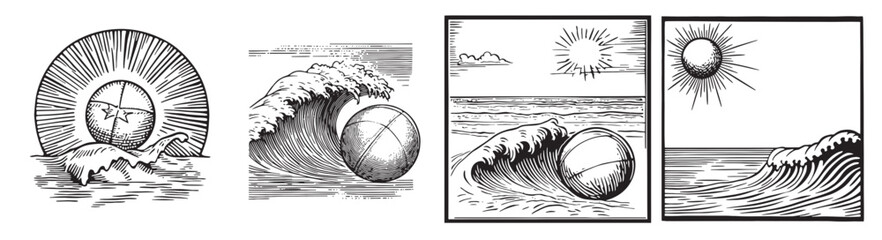 Vintage Style Illustrations of Sun and Waves with Beach Balls, Set Logo design, Vector Illustration, Engraving style