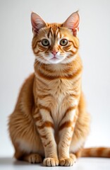 Obraz premium Adorable ginger cat sits, looks directly at camera against white background. Cute domestic pet with clear, minimal image. Focused gaze, relaxed posture, orange striped fur.