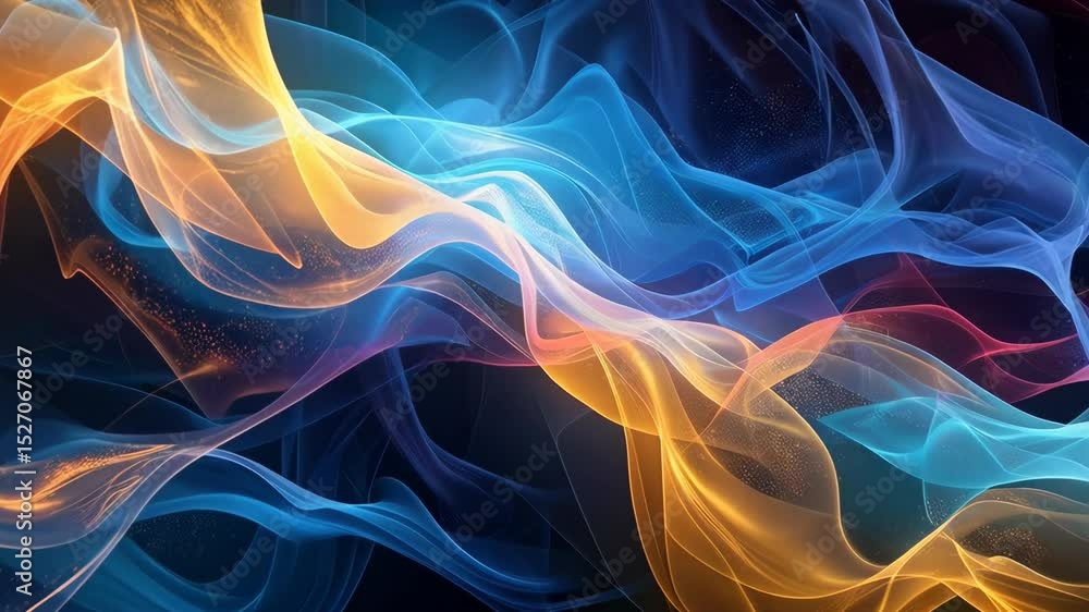 Poster abstract flowing waves of orange, blue, and red light creating a soft, ethereal, and mesmerizing mot