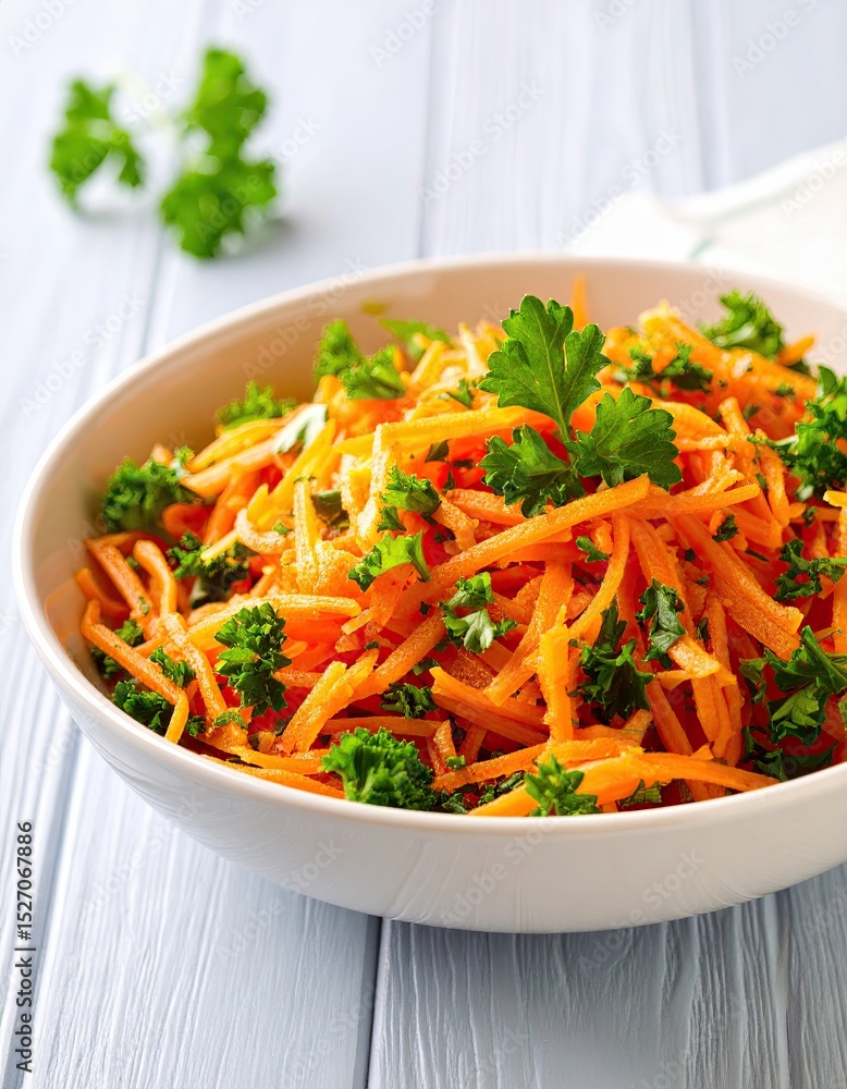 Poster fresh carrot salad with herbs served in a bowl on a wooden table in a bright kitchen setting
