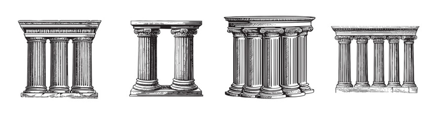 Obraz premium Classic Architectural Elements of Ancient Greek Columns and Pillars, Set Logo design, Vector Illustration, Engraving style