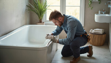 Plumber installs bathtub in modern bathroom. Man in workwear wearing gloves. New home renovation, construction job. Plumbing service, water installation, home repair work.