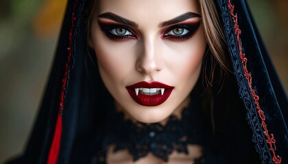 Enchanting vampire queen emerges from the shadows her crimson lips promising a night of mystery with