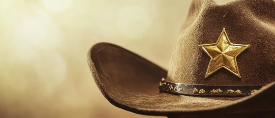 Cowboy hat with golden star badge on display