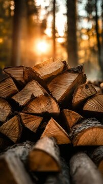 Golden hour light illuminates a stack of firewood in a forest.