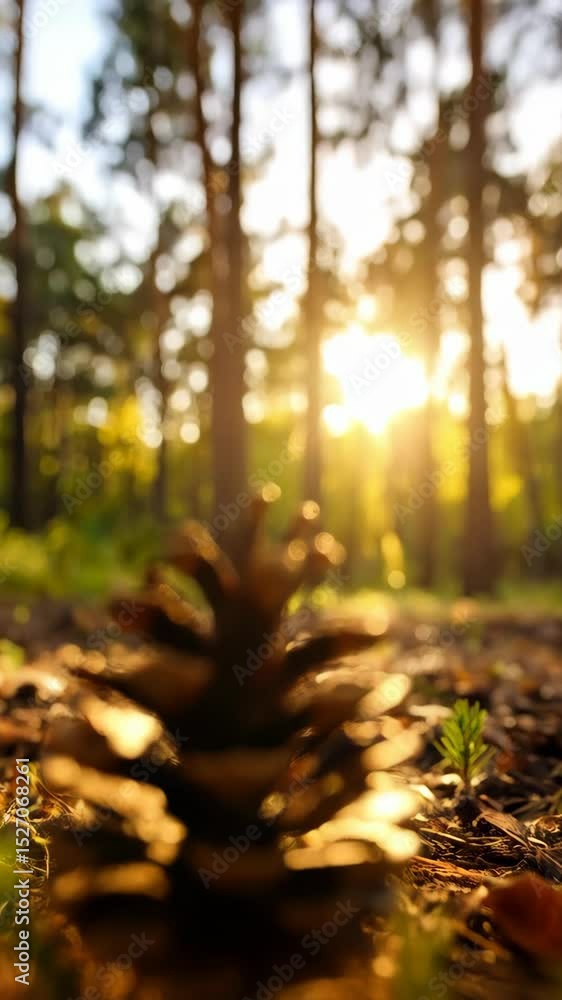 Poster pinecone on forest floor with sunburst peeking through trees in the background during golden hour sh