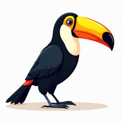 Obraz premium Colorful cartoon illustration of toucan bird isolated on white background. Exotic avian, big yellow beak. Tropical rainforest wildlife animal. Fun design element, mascot, character, drawing, graphic