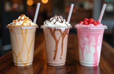 Three delicious milkshakes in plastic cups. Caramel chocolate, strawberry flavors on dark wood table. Sweet, refreshing, cold drinks, dessert. Restaurant cafe bar menu. Tasty sweet treat for kids,