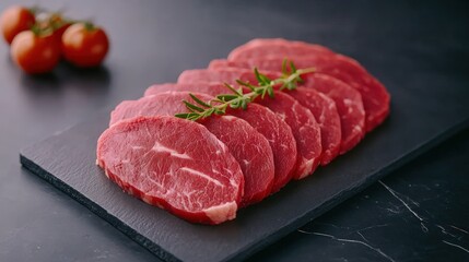 Fototapeta premium Raw filet mignon steaks neatly arranged on black slate plate with sprig of rosemary and tomatoes