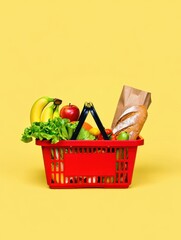 A vibrant red shopping basket brimming with green lettuce ripe bananas a crisp apple and fresh bread against a cheerful yellow backdrop. Perfect for a healthy lifestyle.