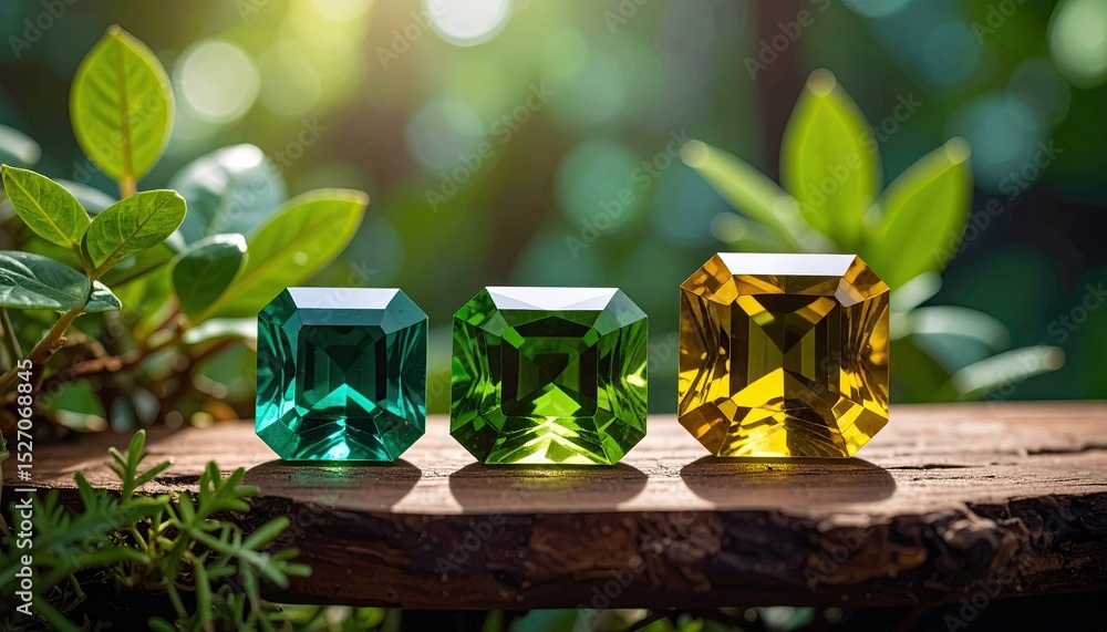 Poster display of paraiba tourmaline gems in vibrant colors arranged on a wooden surface