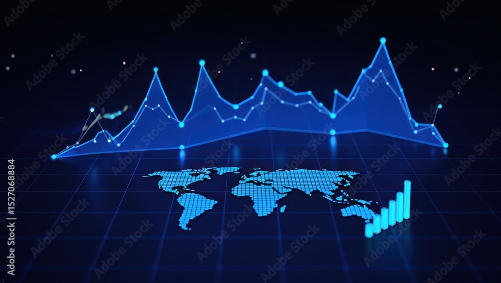 Aufkleber bright blue digital graphs illustrate fluctuating market trends across a world map highlighting data