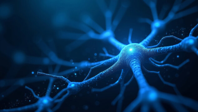 Detailed 3D illustration of a glowing neuron cell with synapses in a neural network. High-tech and medical concept for brain activity and nervous system