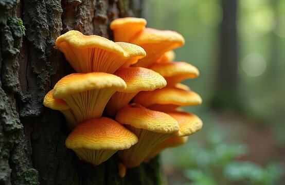 Close-up Chicken of the Woods mushroom Laetiporus sulphureus on tree trunk in forest. Edible fungus has vibrant orange, yellow colors. Wild nature with autumn season mood.