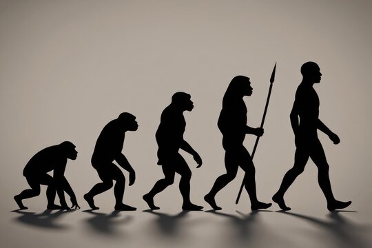 Silhouettes illustrate the evolution of humans highlighting key stages from early hominids to modern man. The artwork conveys the journey transformation and progress of humanity.