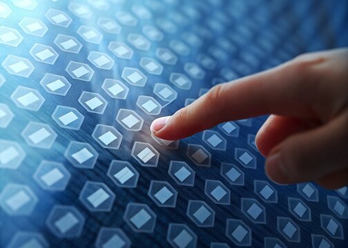 finger touching futuristic hexagonal digital interface on blue screen representing data access and technology - Powered by Adobe