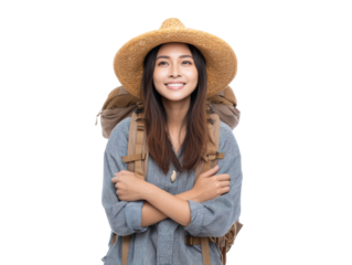 Happy traveler with backpack and straw hat ready for adventure, cut out transparent
