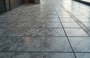Fototapeta premium Grey granite floor tiles pattern. Modern design with textured surface. Square tiles create geometric shapes. Gray stone material. Construction building design element.