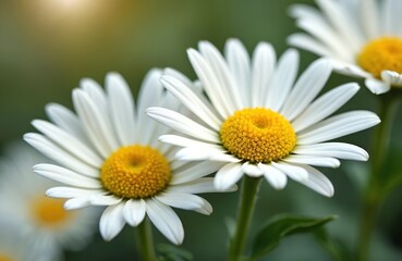 Fototapeta premium Close-up of white Chamomile flowers in bloom. Beautiful fresh daisy plants with bright yellow center against blurred background. Floral spring nature aesthetic.