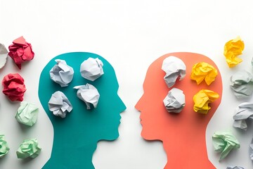 mental health and emotional intelligence concept with two human heads and colorful crumpled paper