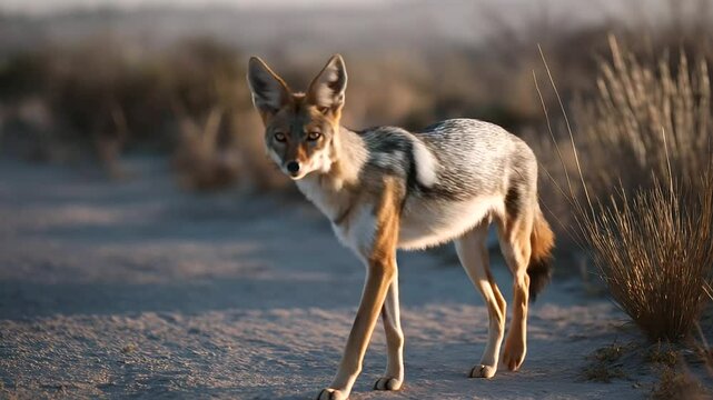 A jackal trotting along a dirt path in morning light