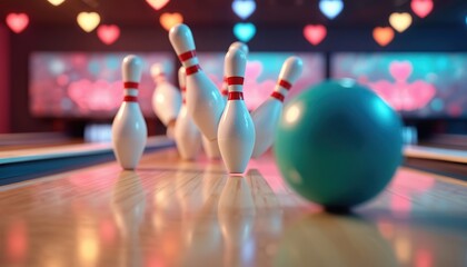 Naklejka premium Bowling ball strikes pins on lane, dynamic moment of action. Pins falling, strike, blur, motion. Indoor sport, game, competition, fun, excitement, challenge, leisure, recreation, strike.