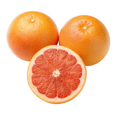 Three ripe and juicy grapefruits, one of which is cut in half