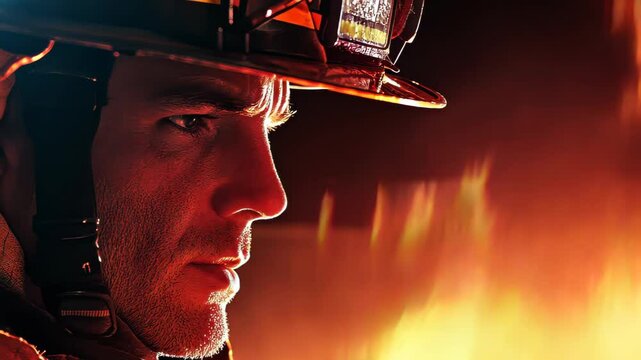 Courage Amidst the Flames: A brave firefighter gazes intently, his face illuminated by the fierce glow of an uncontrollable inferno, embodying bravery and dedication. 