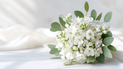 stunning minimalist wedding bouquet featuring delicate white flowers and green foliage on clean background