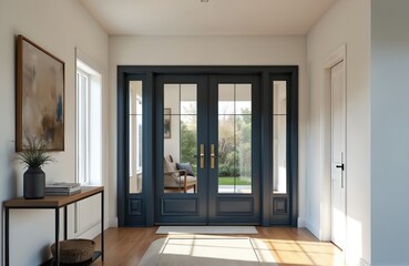 Fototapeta premium Modern dark blue doors with glass inserts. Interior entryway hallway. Empty room has console table. Wooden floor, white walls. Contemporary house design. Luxury apartment building interior.