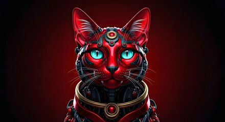 Red, gold and black cybernetic armored cat character with bright turquoise colored eyes