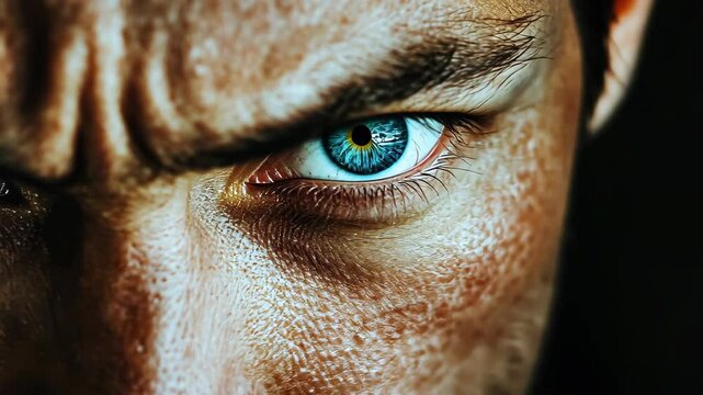 Intense Gaze: A close-up captures a person's fierce, unwavering look, where intensity and determination are powerfully conveyed.