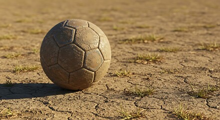 Old soccer ball on dirt field