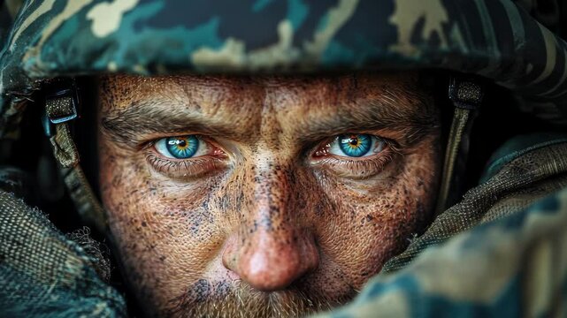 Stoic Soldier's Gaze: A close-up portrait of a resolute soldier, his intense blue eyes revealing a story of resilience amidst the harsh realities of war.