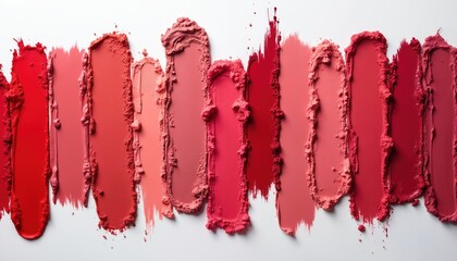 Lipstick swatches, vibrant collection of shades against white backdrop. Beauty cosmetic exploration. Variety of red, pink lip colors. Makeup product swatches show texture of cosmetics. Close up.