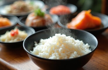 Steaming bowl white rice served with various japanese dishes. Healthy meal. Japanese cuisine. Asian food. Freshly cooked rice. Restaurant. Wooden table background. Hot meal. Dinner, lunch.