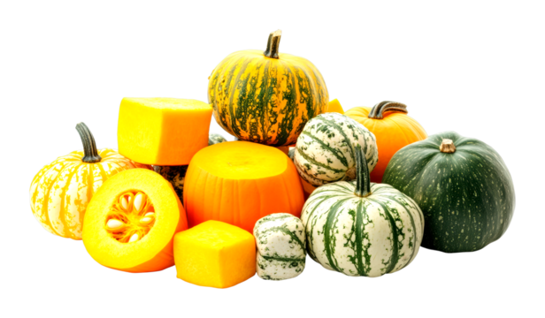 Harvest festival featuring colorful pumpkins farm food display outdoor close-up autumn vibes isolated on transparent background