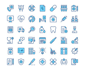 Healthcare icons. Vector line icon set. Modern outline design. Blue concept