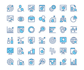 Data analysis icons. Vector line icon set. Modern outline design. Blue concept