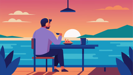 As the sun sets over the horizon the freelancer enjoys a tranquil dinner on the terrace with the sound of the waves as background music.. Vector illustration