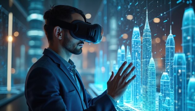 Man in VR glasses interacts with modern futuristic urban city design. High tech innovative architecture with skyscrapers, buildings, city landscape. Augmented reality.