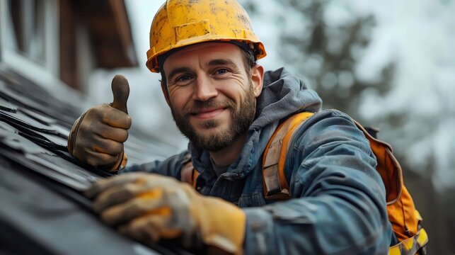 A cheerful roofer on a rooftop gives a thumbs up, showing his satisfaction with the project.