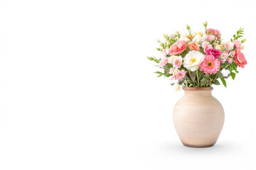 Fototapeta premium Vintage ceramic vase with bouquet of blooming flowers isolated on white background, rustic floral composition, retro home decor concept, soft lighting, full focus