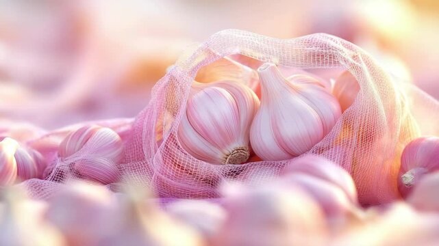 Pink garlic bulbs nestled in soft fabric. A delicate and beautiful image.
