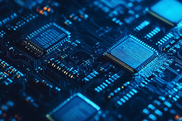 Obraz premium Close up view of a blue circuit board with chips and intricate connections