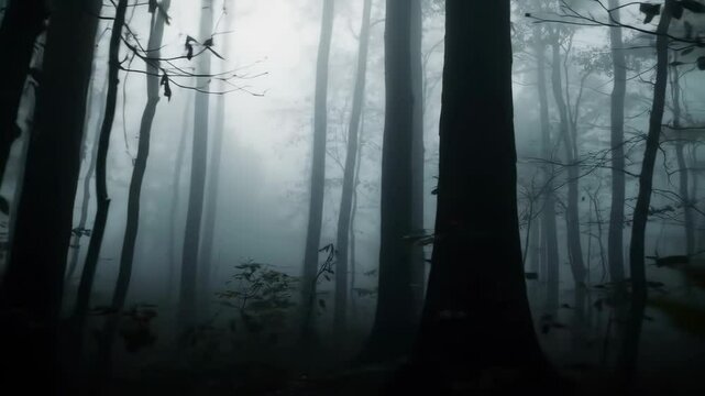 Dark foggy forest with trees in woods. Mysterious mist landscape view. Spooky fall scene, Halloween spooky concept creepy atmosphere footage.