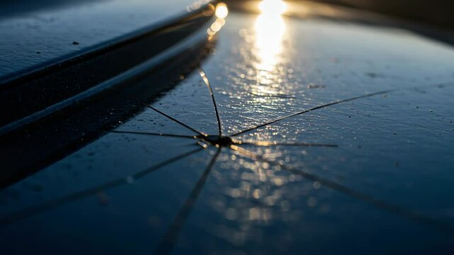 Broken car windshield with spider web crack pattern. Damaged vehicle glass safety hazard requiring repair service. Auto insurance claim accident emergency - Powered by Adobe