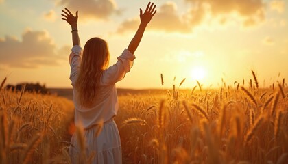 Woman raises arms high in wheat field at sunset. Symbol of freedom, peace, joy, farewell, parting. Golden hour, beautiful warm light, nature landscape background. Emotional moment, hope concept.