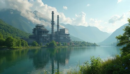 Obraz premium Illustration shows eco-friendly factory nestled in nature. Industrial plant on lake with mountain backdrop. Green energy production, sustainable manufacturing, environmental awareness. Concept of
