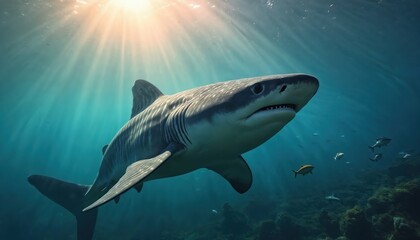 Fototapeta premium Majestic basking swims underwater. Sunlight rays pierce blue ocean depths, illuminating marine life. Marine animal encounter. Basking, giant filter-feeding with large mouth. Explore beauty of